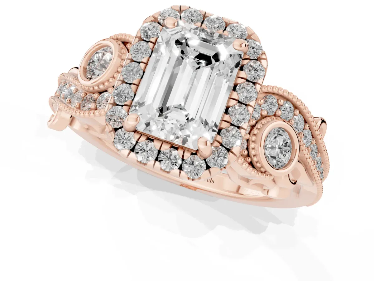 Emerald Cut Diamond Halo Ring with Milgrain Pavé Band and Four-Prong Setting Rose gold