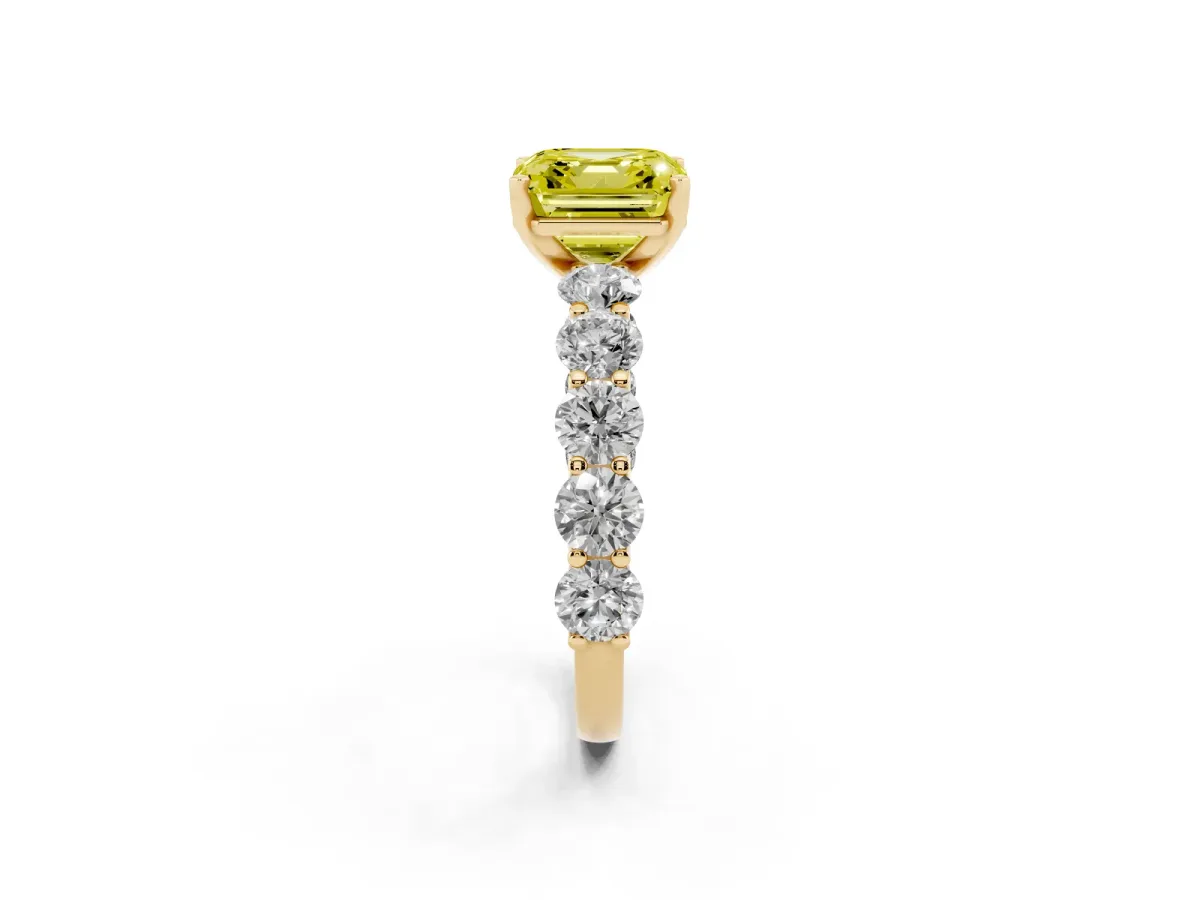 Fancy Yellow Asscher Cut Diamond Prong Setting with Side Stones on a Pave Band Yellow gold