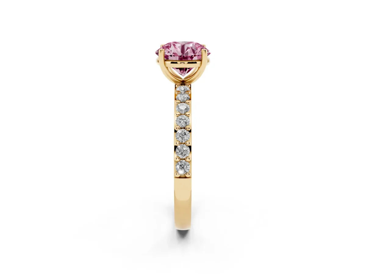 Fancy Pink Round Cut Cut Diamond Solitaire with Pave Band and Four-Prong Setting Yellow gold