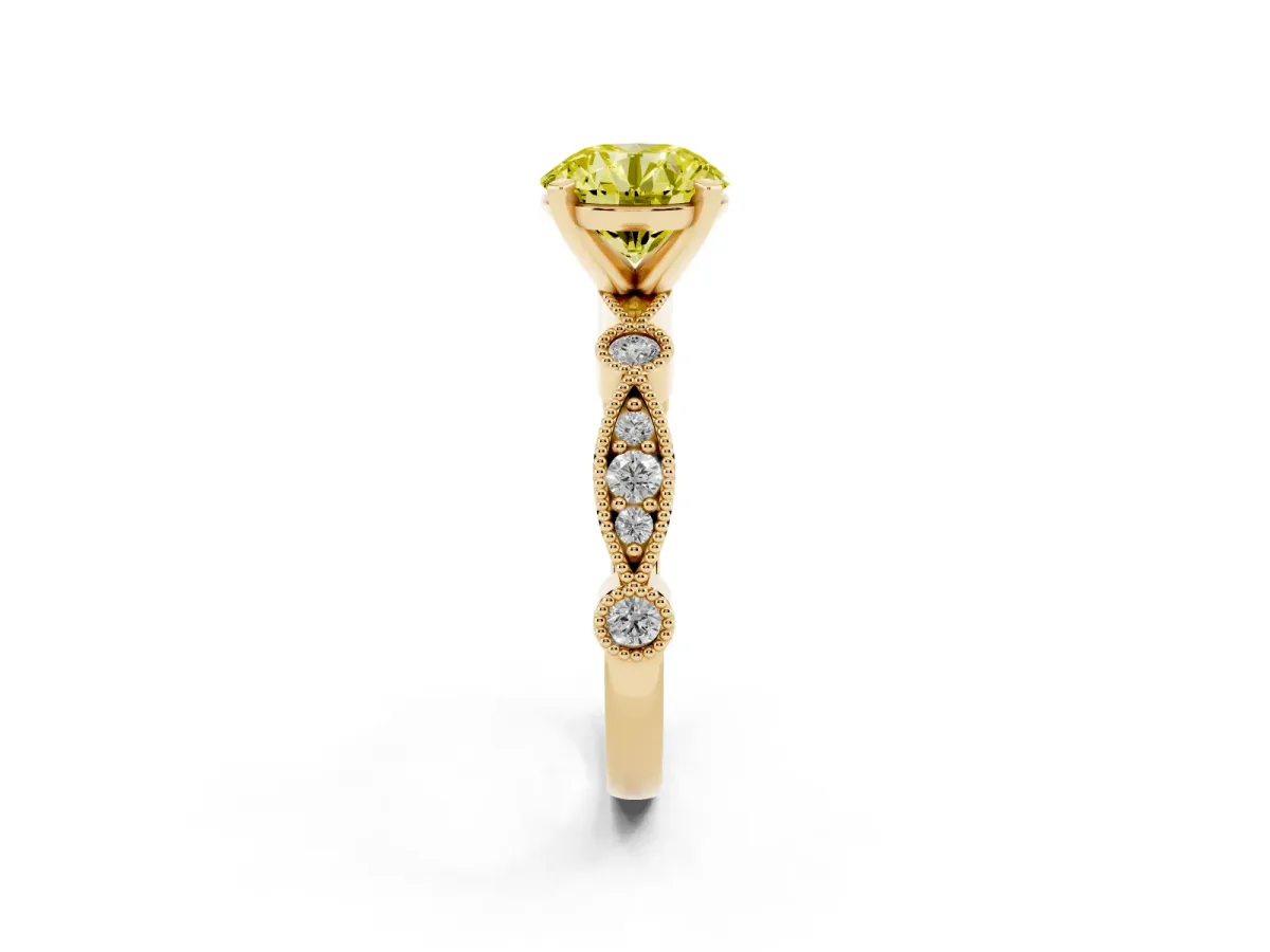 Fancy Yellow Round Cut Milgrain Bezel Diamond Engagement Ring with Solitaire Prong Setting Yellow gold