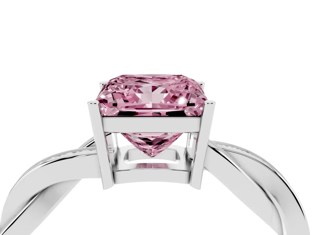 Fancy Pink Princess Cut Solitaire Twisted Pave Diamond Ring with Four-Prong Setting Silver