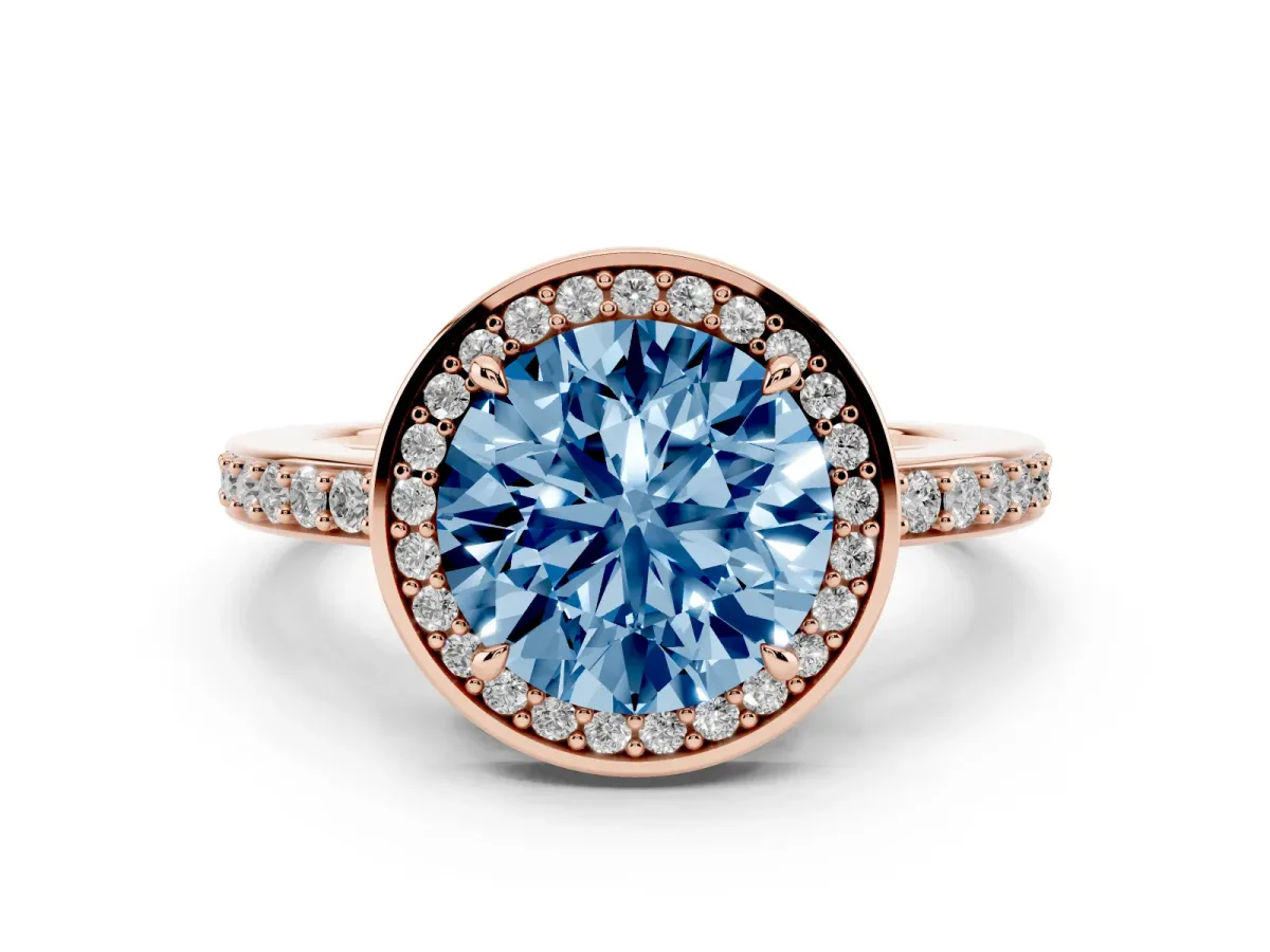 Fancy Blue Round Cut Halo Pave Band Solitaire Ring with Prong Setting Rose gold