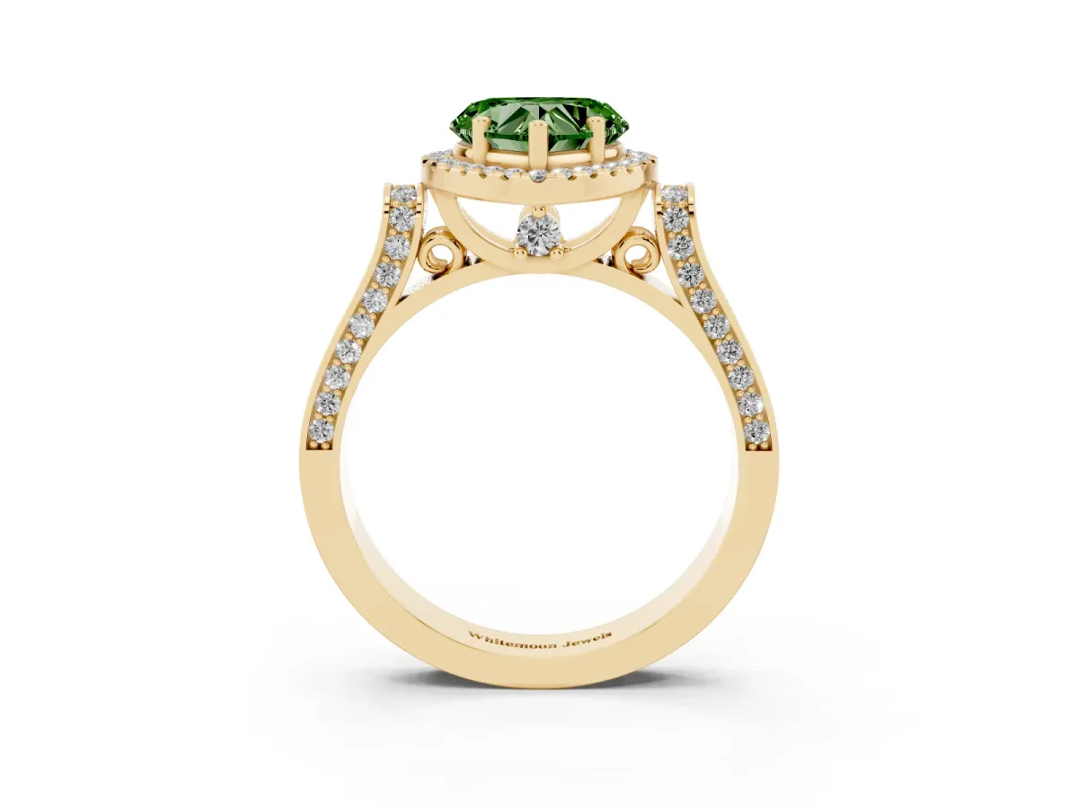 Fancy Green Heart Cut Halo Pave Split Shank Prong Setting Ring Yellow gold