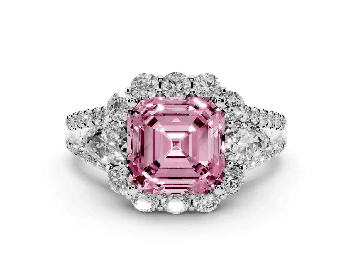 Fancy Pink Asscher Cut Halo Split Shank Diamond Engagement Ring with Prong Setting Silver