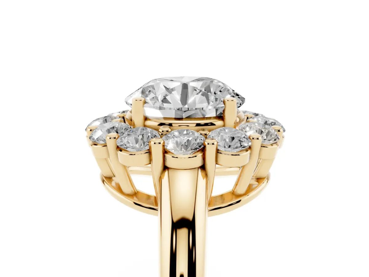 Round Cut Halo Cluster Diamond Engagement Ring with Prong Setting and Polished Band Yellow gold