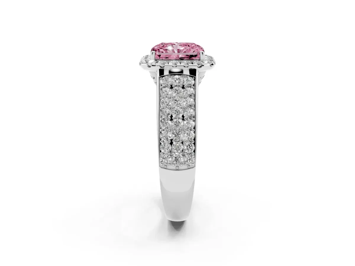 Fancy Pink Radiant Cut Halo Round Diamond Pave Band with Prong Setting Silver