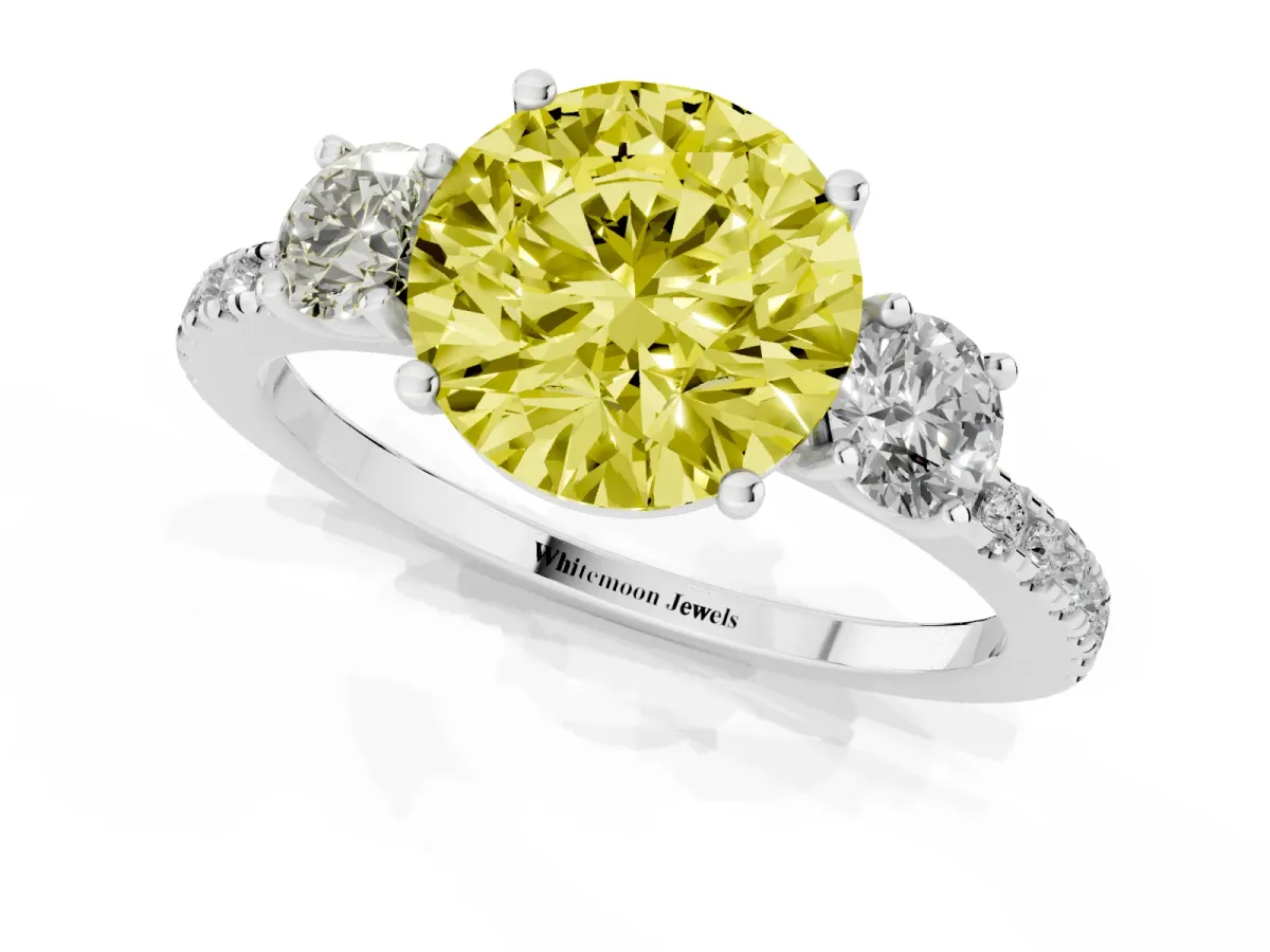 Fancy Yellow Three-Stone Round Cut Cut Diamond Pavé Band with Prong Setting Platinum