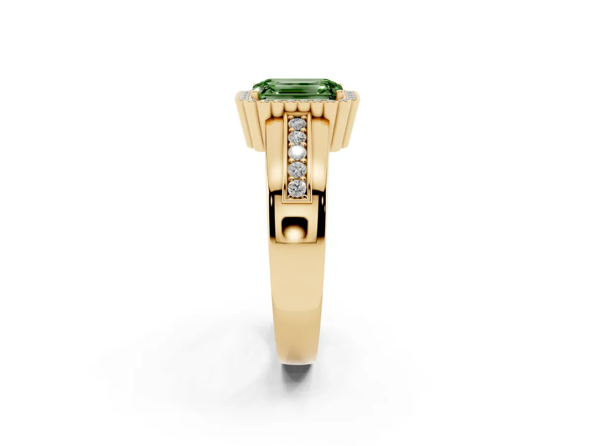 Fancy Green Emerald Cut Cut Halo Pave Band Four-Prong Ring Yellow gold
