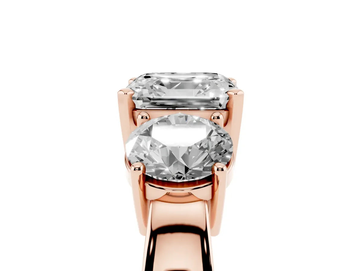 Three-Stone Asscher Cut Diamond Ring with Round Side Stones, Classic Band, and Four-Prong Setting Rose gold