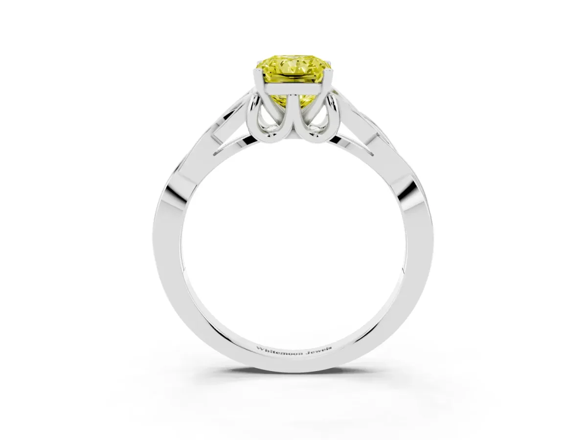 Fancy Yellow Radiant Cut Diamond Solitaire Engagement Ring with Celtic Knot Band and Four-Prong Setting White gold