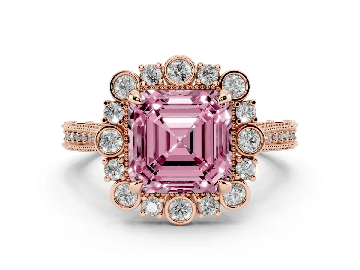 Fancy Pink Asscher Cut Halo Milgrain Pave Diamond Ring with Four-Prong Setting Rose gold