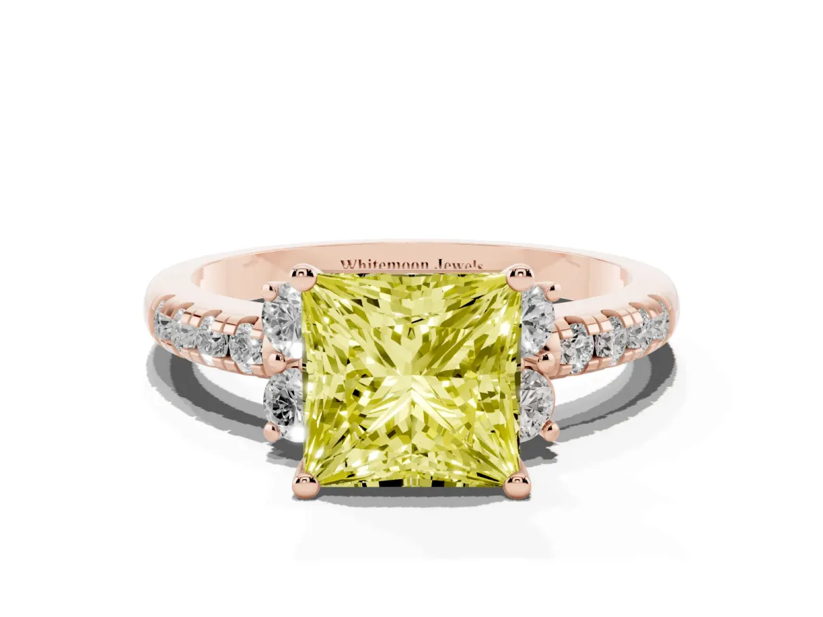 Fancy Yellow Princess Cut Diamond Three-Stone Pave Band with Four-Prong Setting Rose gold