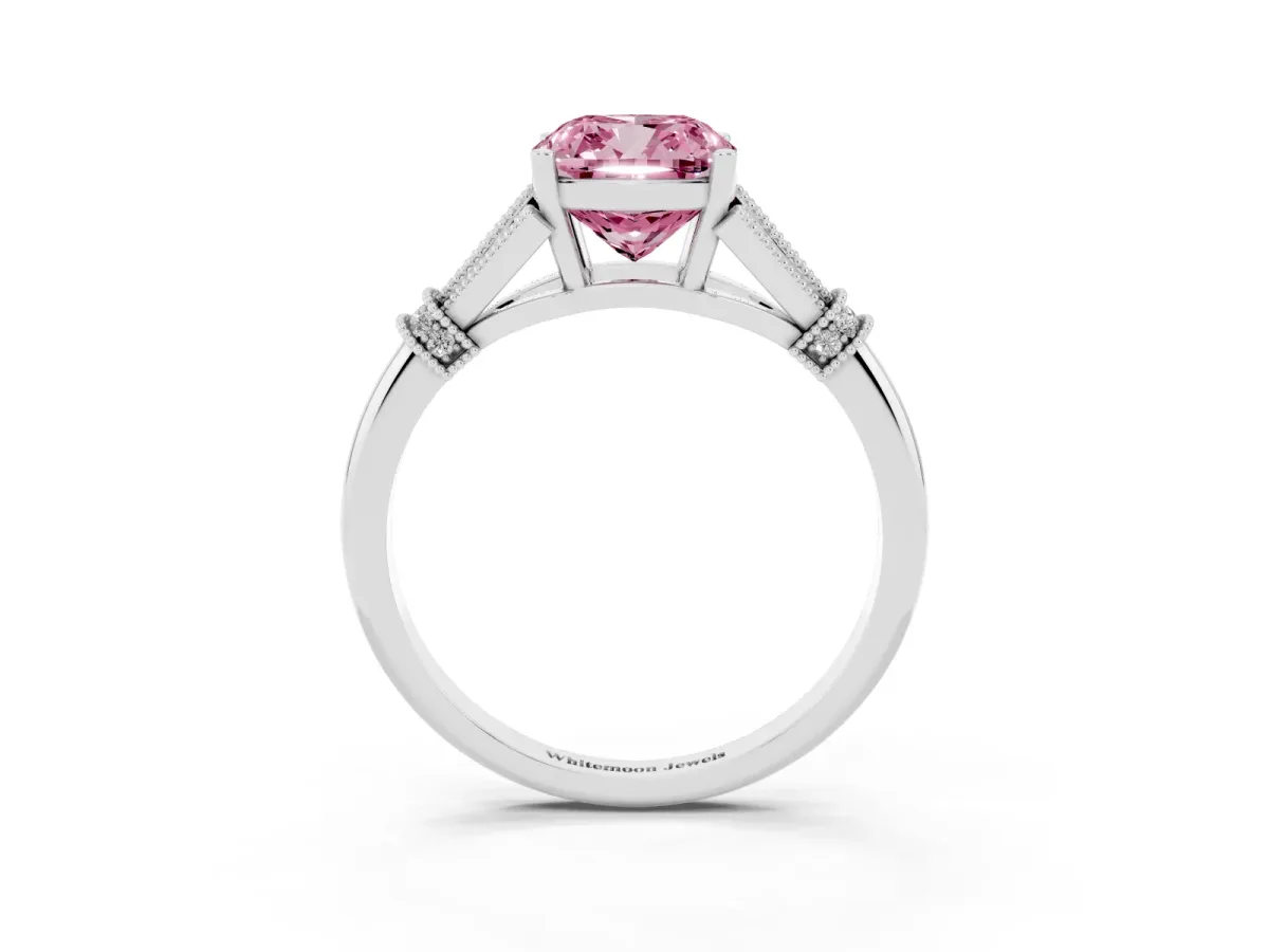 Fancy Pink Cushion Cut Diamond Solitaire Ring with Floral Filigree and Pave Accents Platinum