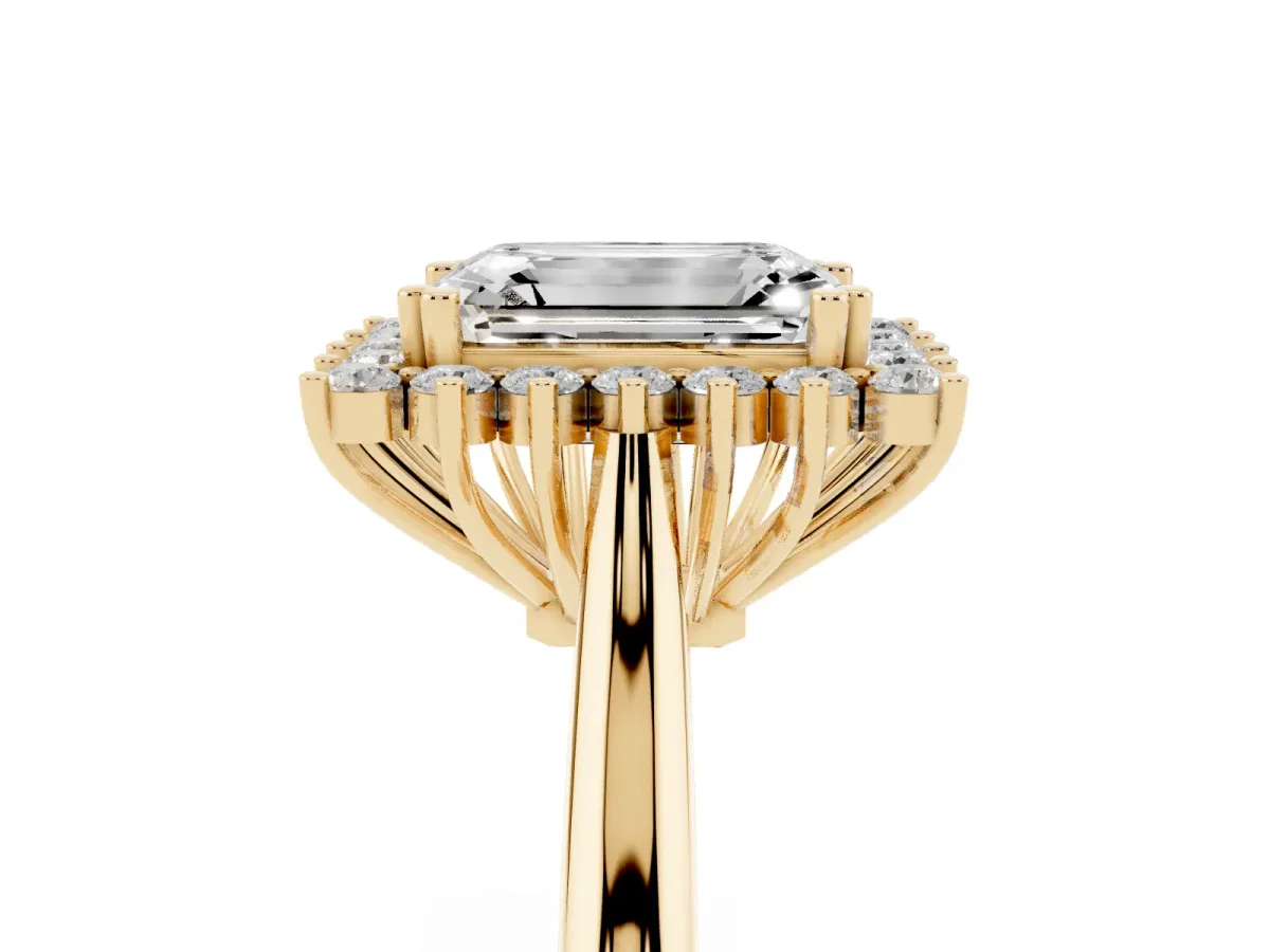 Emerald Cut Cut Diamond Halo Ring with Solitaire Band and Prong Setting Yellow gold