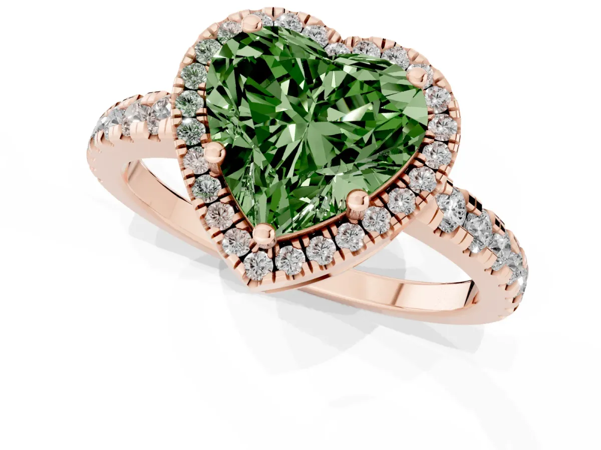 Fancy Green Heart Cut Diamond Halo Ring with Pavé Band and Four-Prong Setting Rose gold