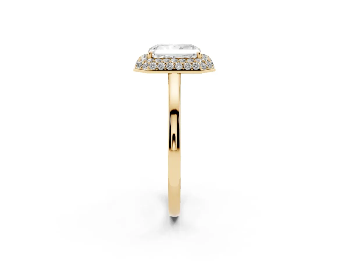 Radiant Cut Halo Diamond Engagement Ring with Solitaire Band and Four-Prong Setting Yellow gold