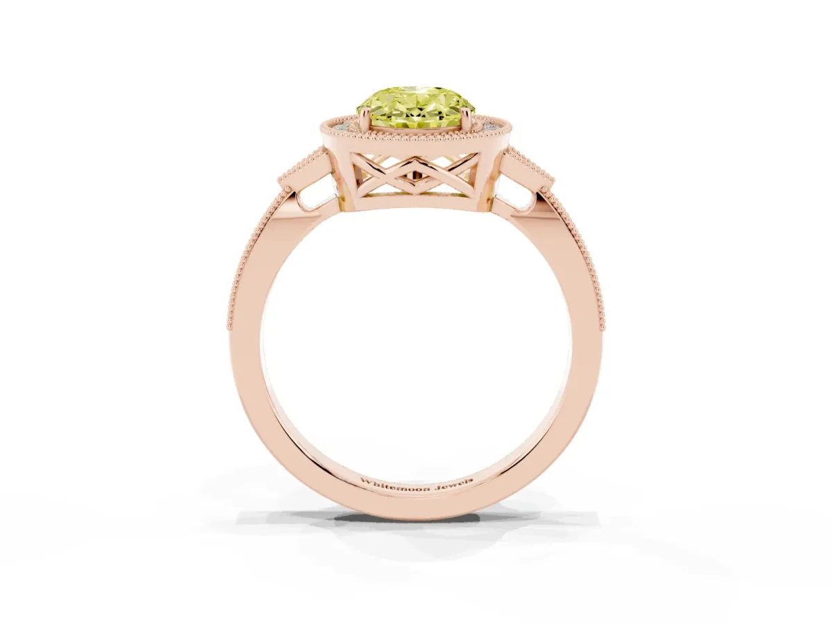 Fancy Yellow Oval Cut Halo Round Diamond Milgrain Pave Engagement Ring Rose gold