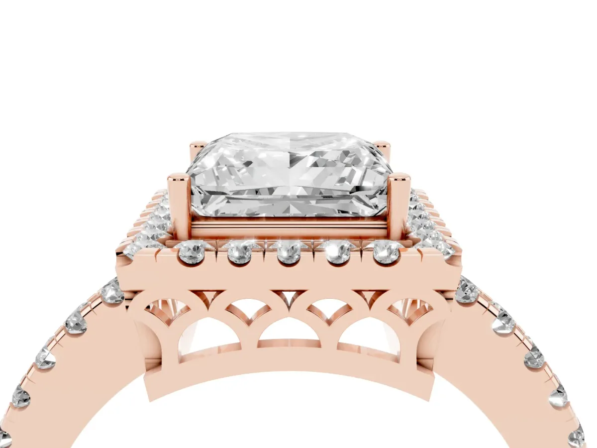 Princess Cut Halo Diamond Engagement Ring with Pavé Band and Four-Prong Setting Rose gold