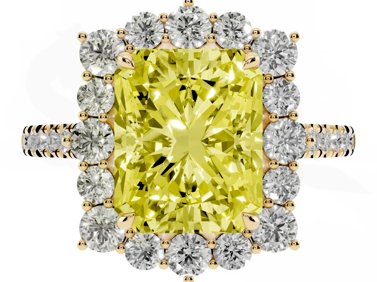 Fancy Yellow Radiant Cut Halo Diamond Ring with Pavé Band and Prong Setting Yellow gold