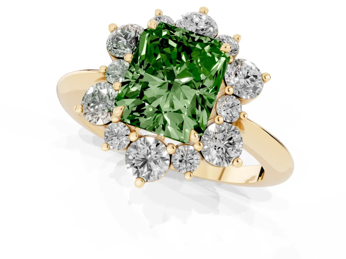 Fancy Green Radiant Cut Diamond Cluster Halo Ring with Solitaire Band and Four-Prong Setting Yellow gold
