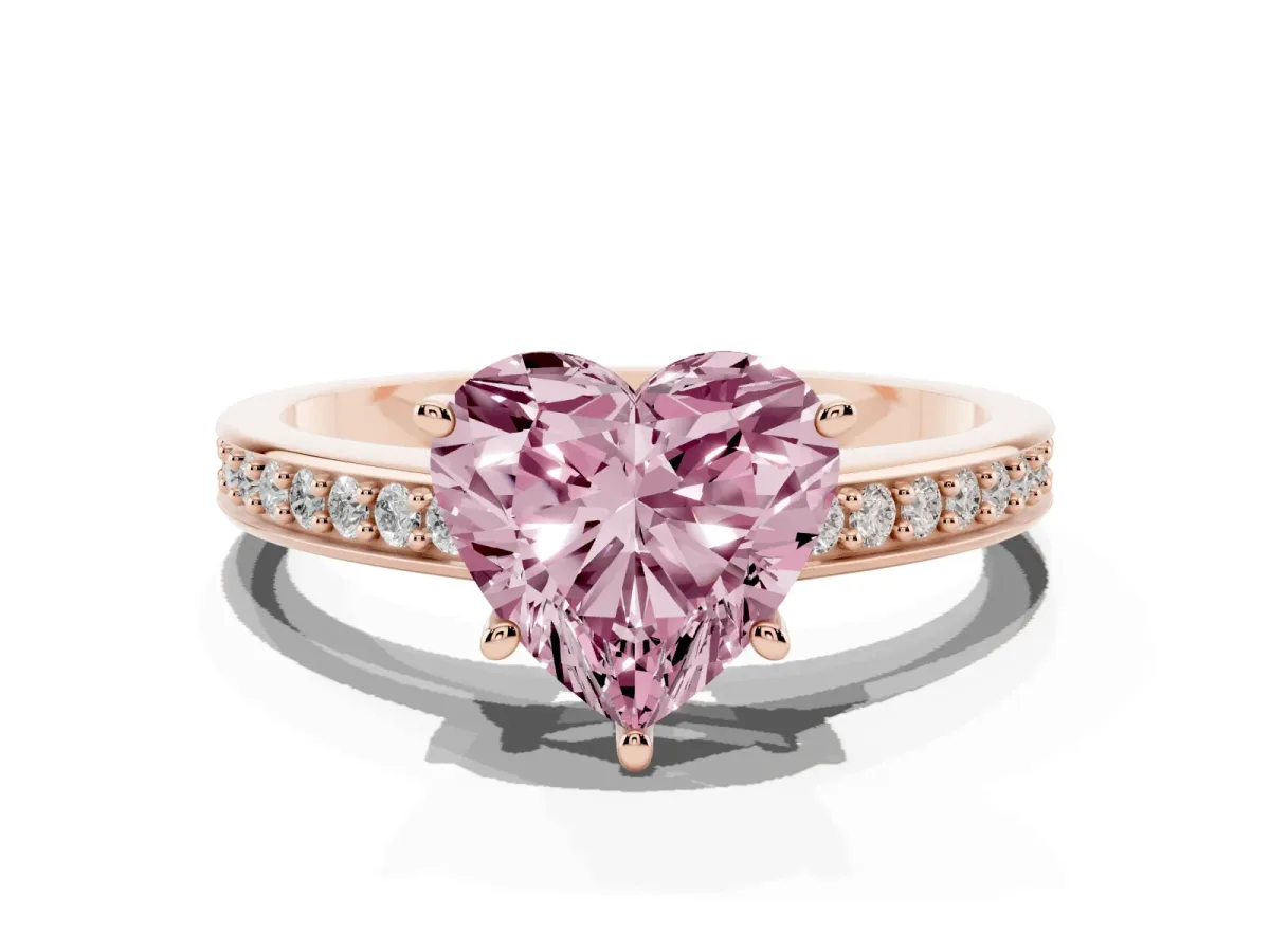 Fancy Pink Heart Cut Solitaire Pavé Band Prong Setting Ring Rose gold