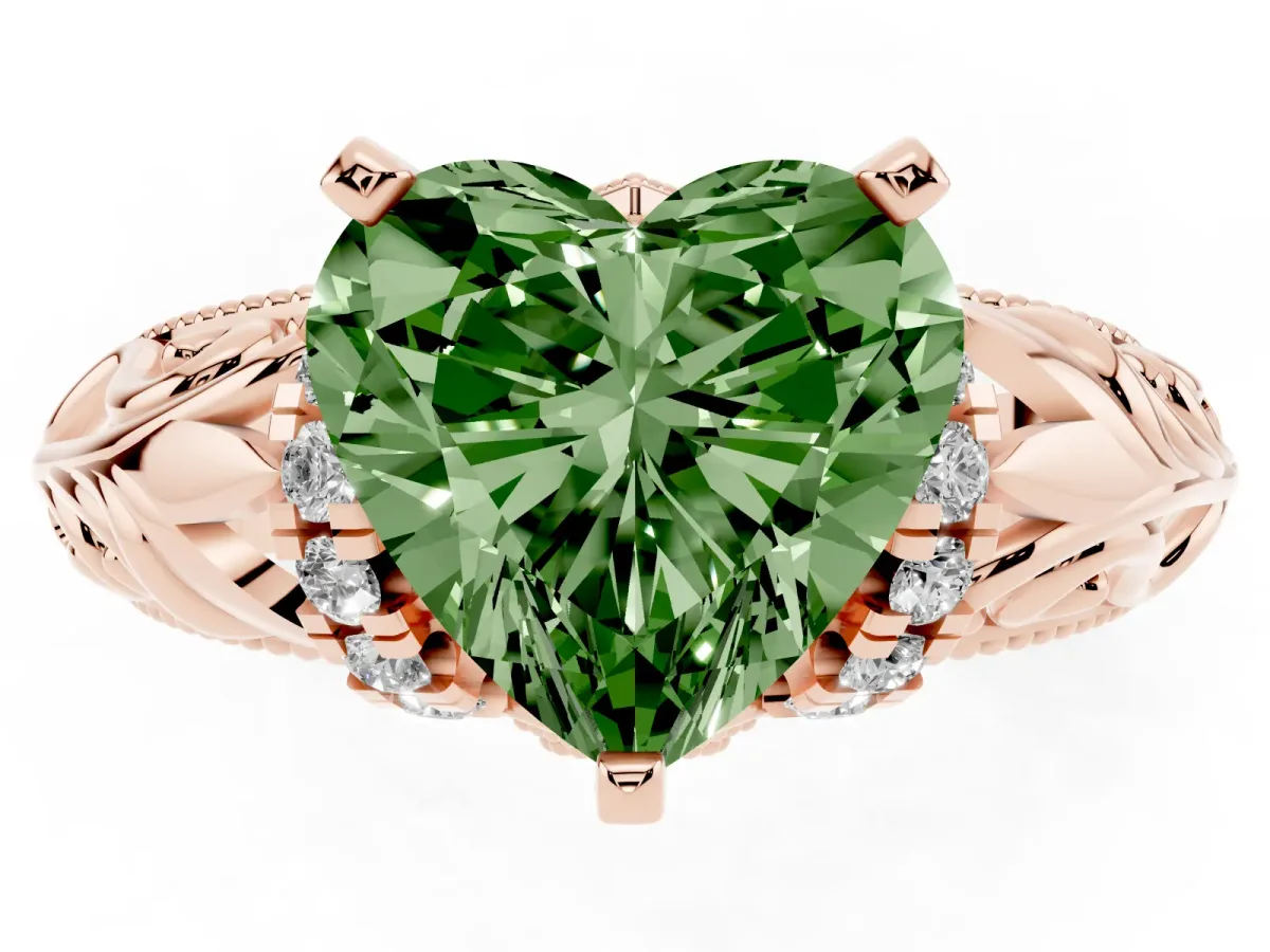 Fancy Green Heart Cut Solitaire Filigree Engagement Ring with Halo and Prong Setting Rose gold