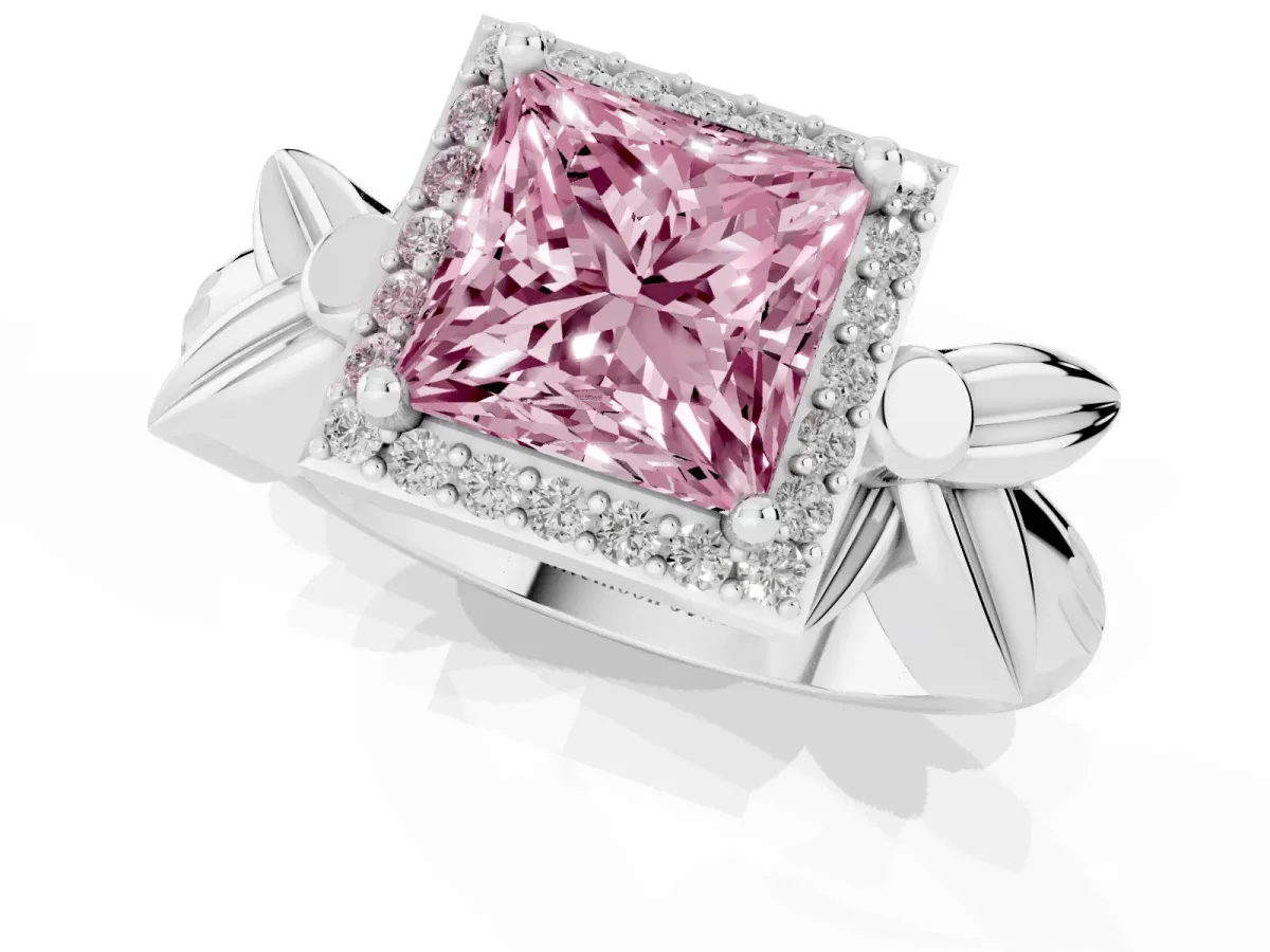 Fancy Pink Princess Cut Halo Diamond Floral Band with Four-Prong Setting Platinum