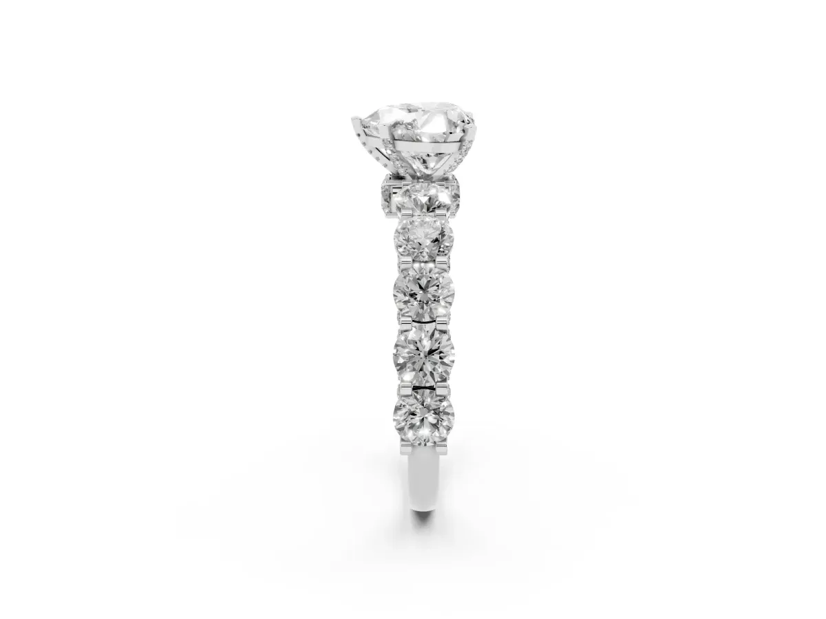Heart Cut Diamond Side Stone Engagement Ring with Four-Prong Setting Silver