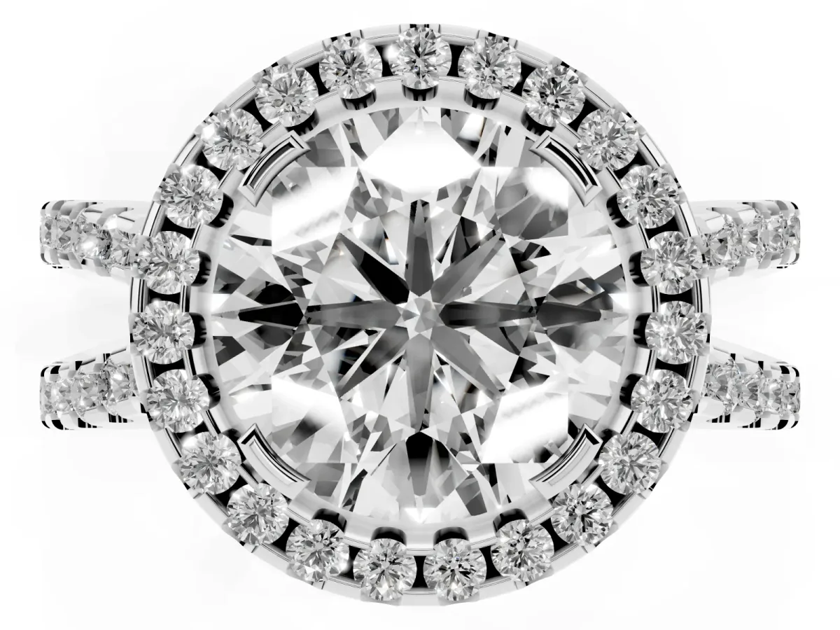 Round Cut Diamond Halo Ring with Split Shank Pavé Band and Prong Setting Platinum