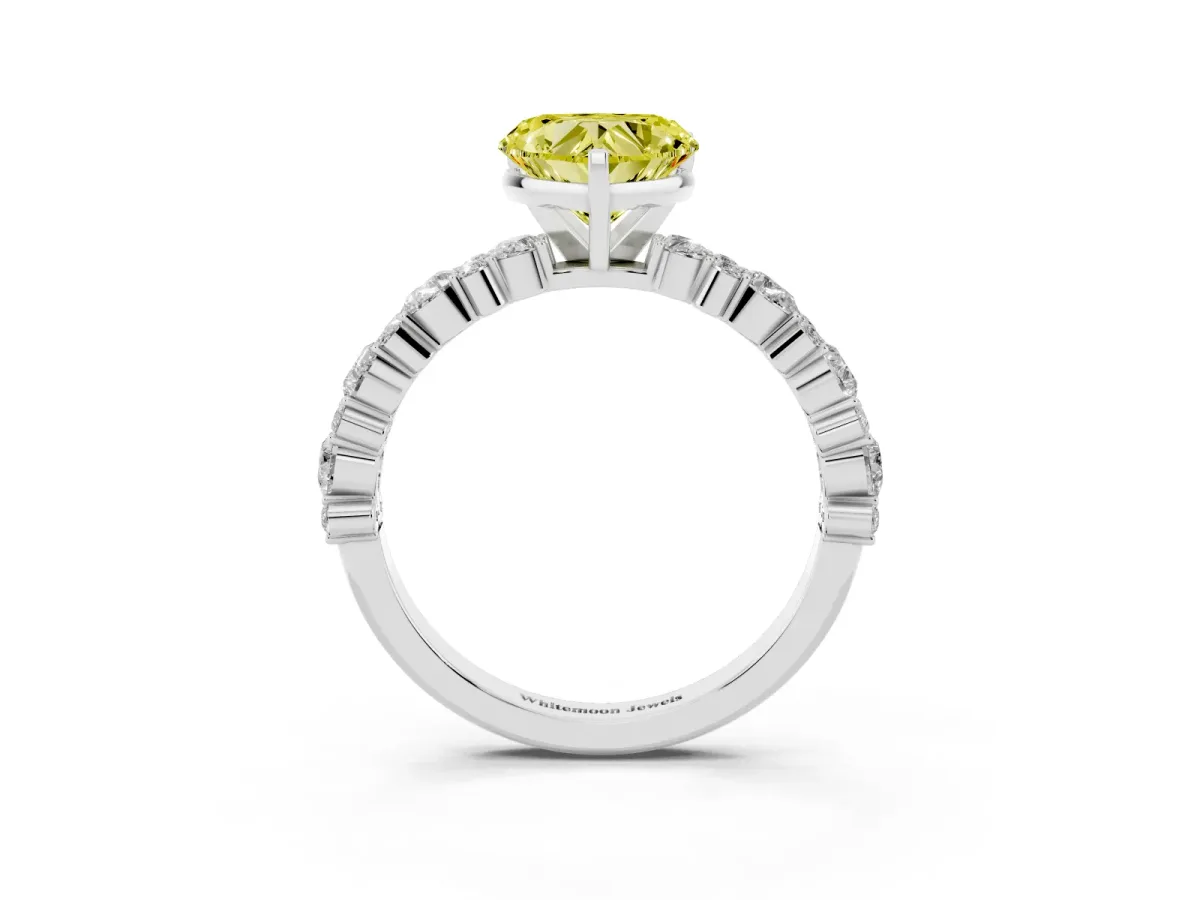 Fancy Yellow Heart Cut Diamond Side Stone Solitaire Ring with Round and Four-Prong Setting Silver