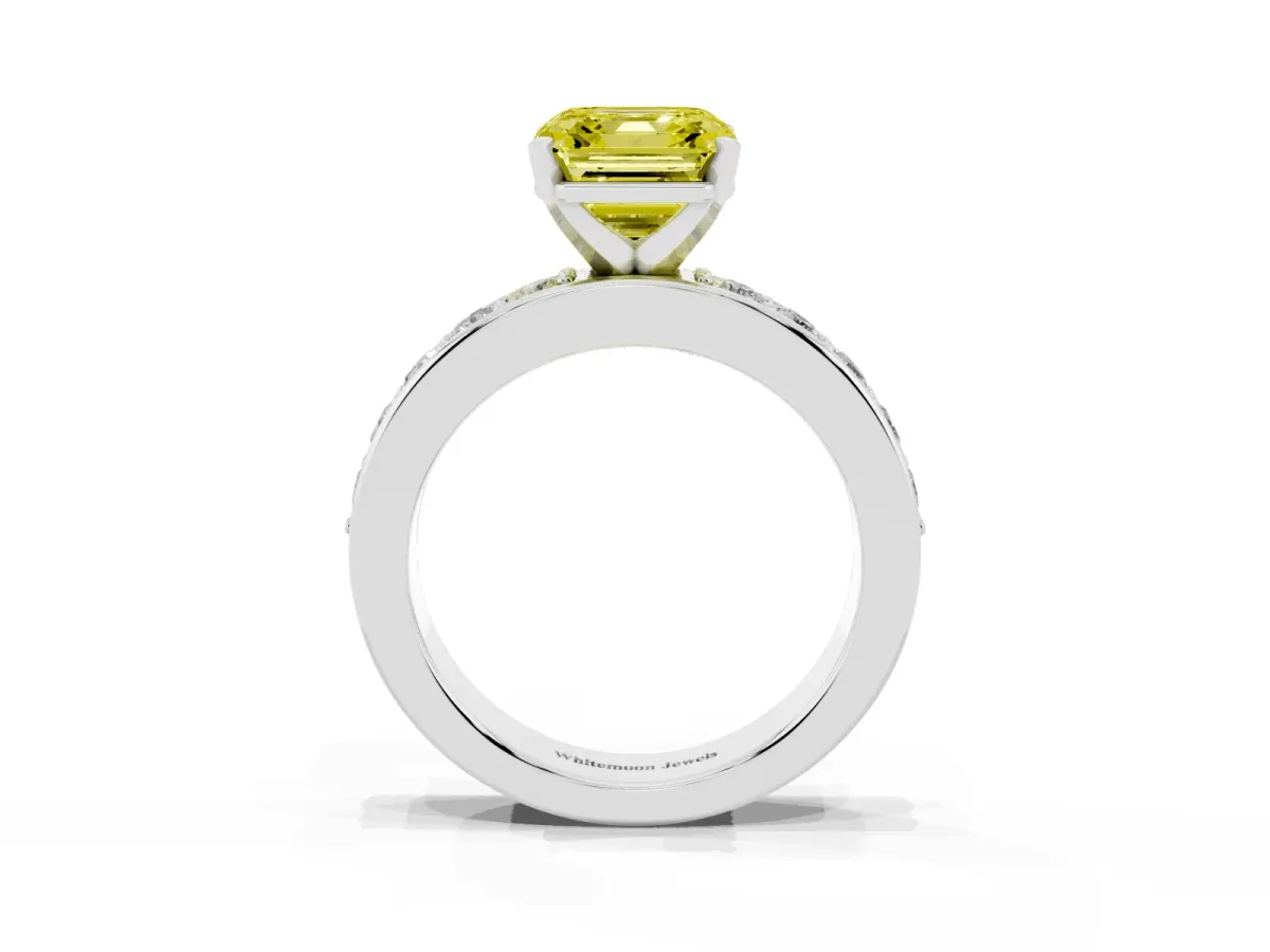Fancy Yellow Asscher Cut Diamond Engagement Ring with Channel Set Round Band and Prong Setting White gold