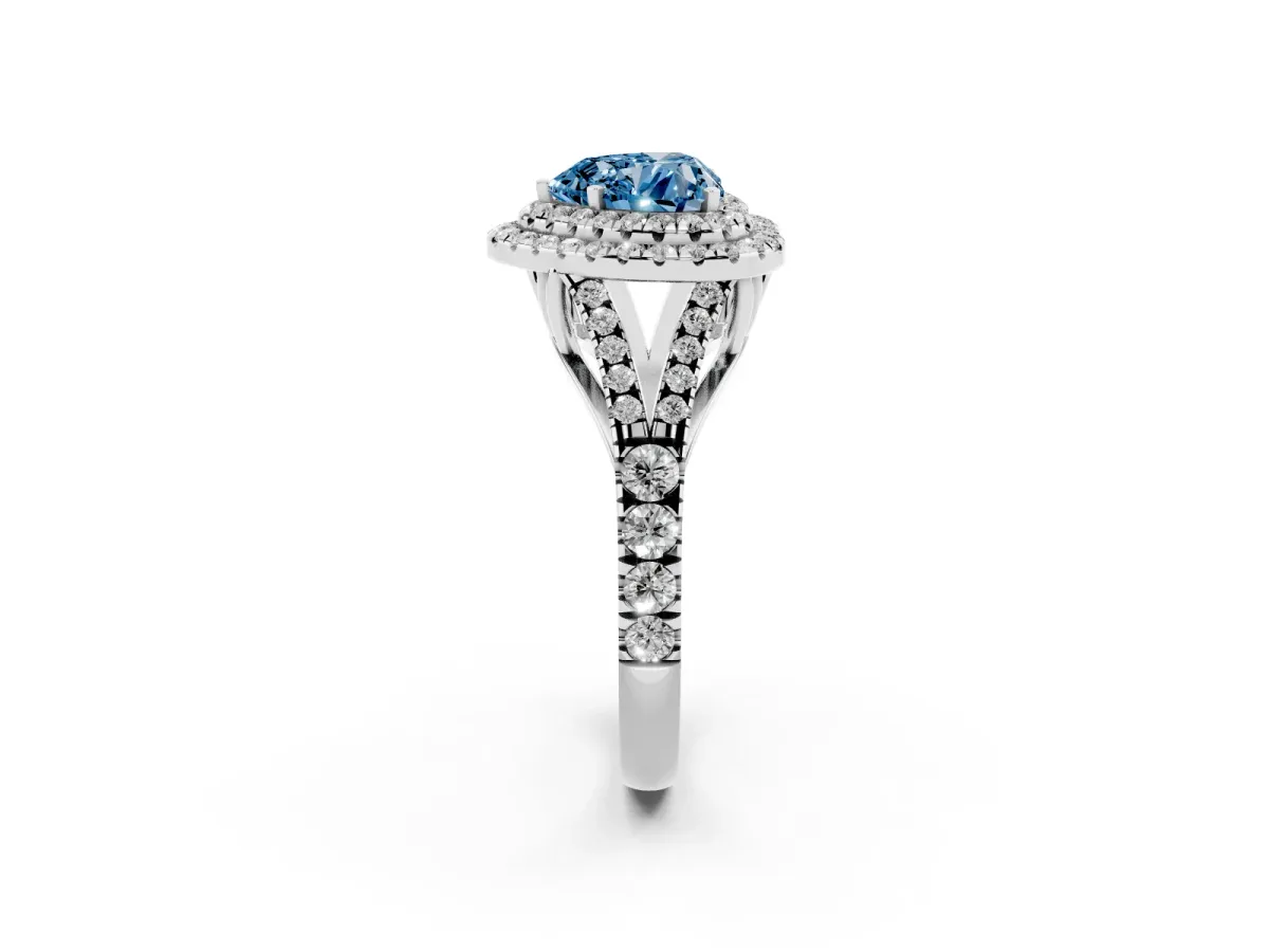 Fancy Blue Heart Cut Cut Double Halo Split Shank Diamond Ring with Prong Setting White gold