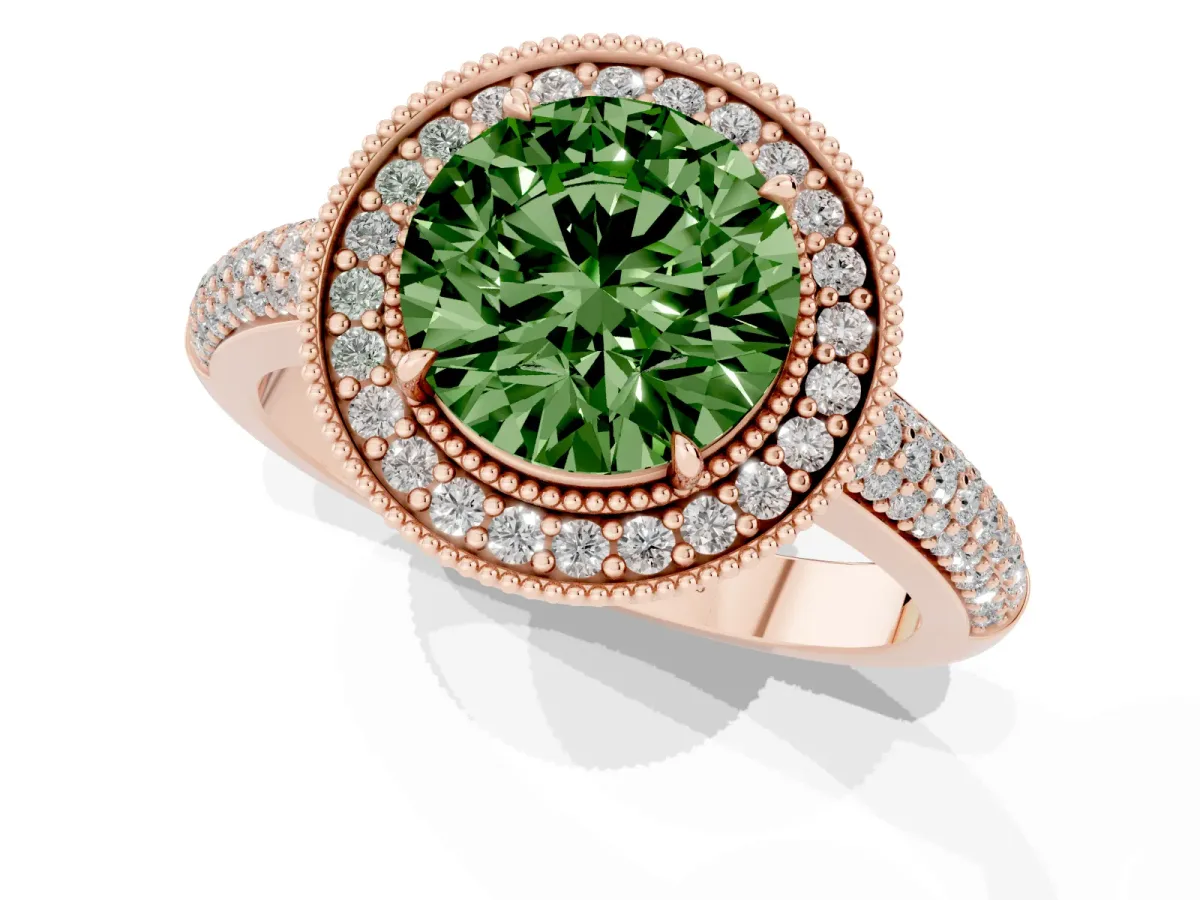 Fancy Green Round Cut Cut Halo Diamond Pave Band with Four-Prong Setting Rose gold