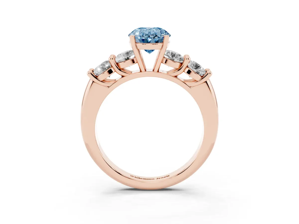 Fancy Blue Oval Cut Cut Five-Stone Prong Set Diamond Ring with Classic Band Rose gold