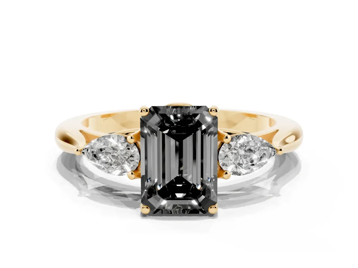 Fancy Black Emerald Cut Diamond Three-Stone Ring with Pear Side Stones and Prong Setting Yellow gold