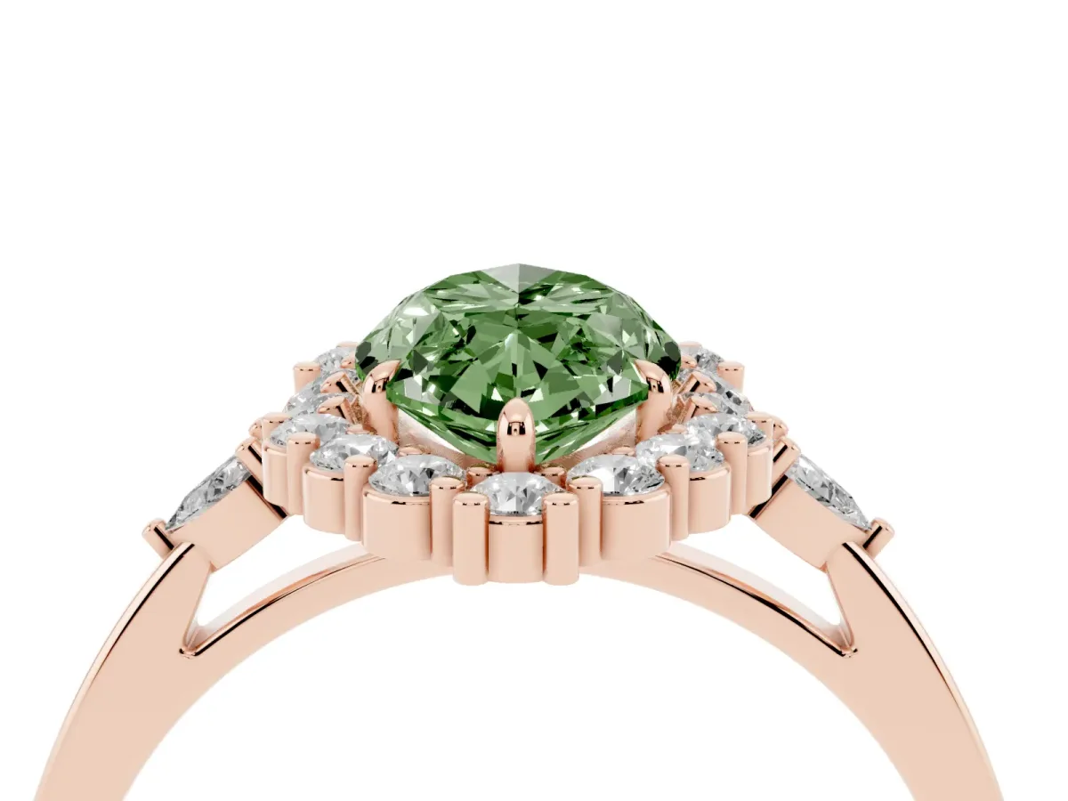 Fancy Green Marquise Cut Diamond Halo Ring with Pear Side Stones and Prong Setting Rose gold