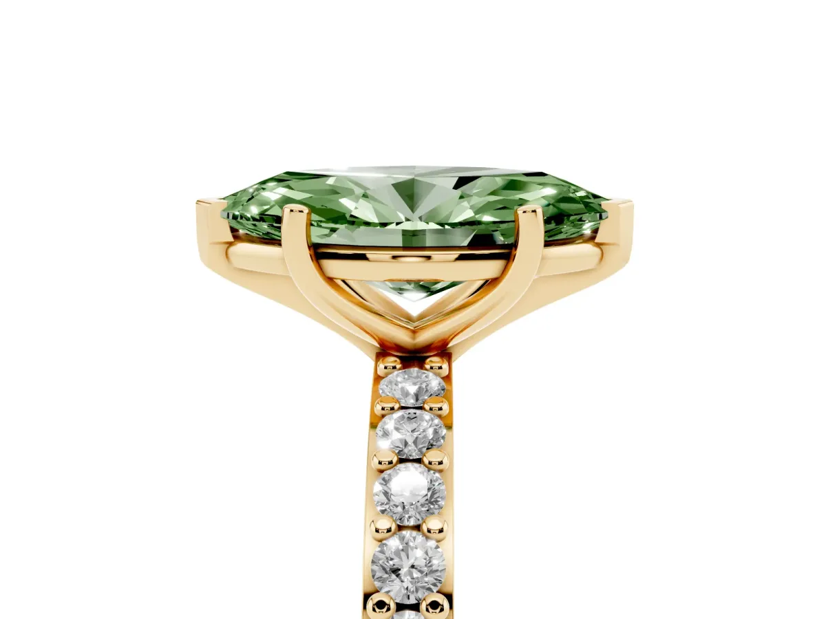 Fancy Green Marquise Cut Cut Diamond Solitaire with Pave Band and Four-Prong Setting Yellow gold