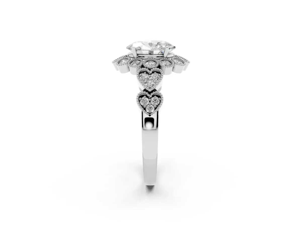 Oval Cut Brilliant Milgrain Pave Heart Band Solitaire Ring Silver