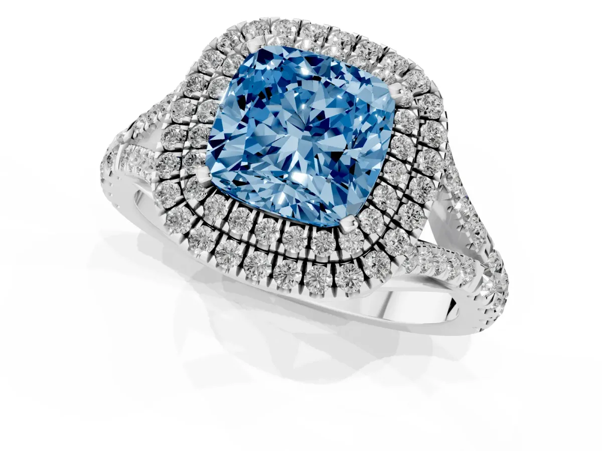 Fancy Blue Cushion Cut Diamond Pavé Split Shank Double Halo Engagement Ring Silver