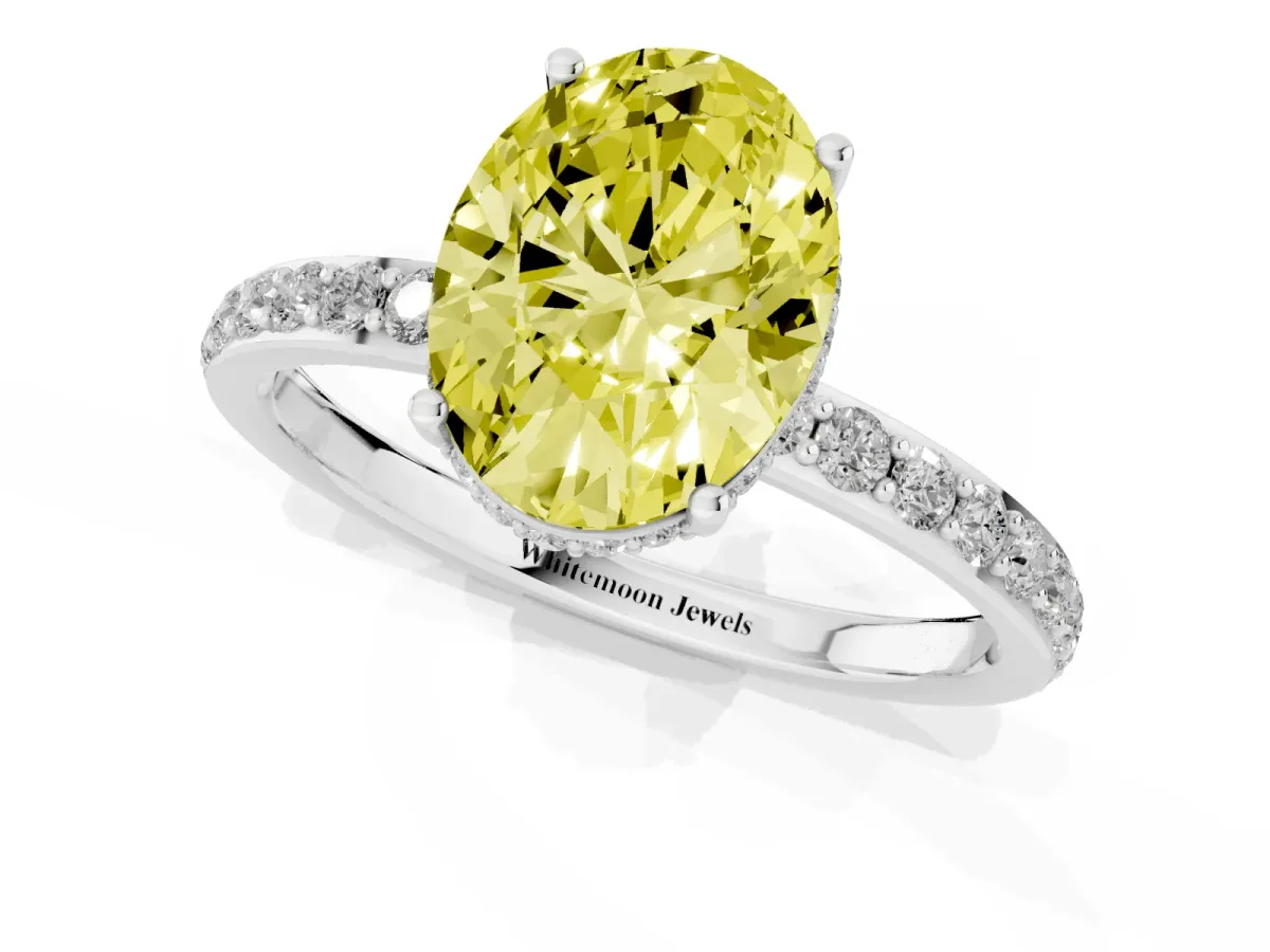 Fancy Yellow Oval Cut Diamond Solitaire Ring with Pavé Band and Hidden Halo Silver