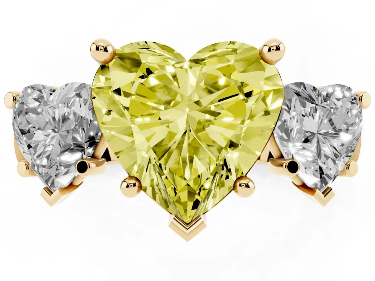 Fancy Yellow Three-Stone Heart Cut Brilliant Diamond Trellis Ring with Comfort Fit Band Yellow gold