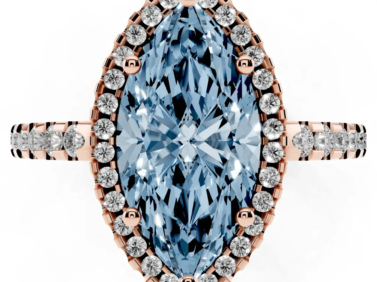 Fancy Blue Marquise Cut Diamond Halo Engagement Ring with Pavé Band and Prong Setting Rose gold