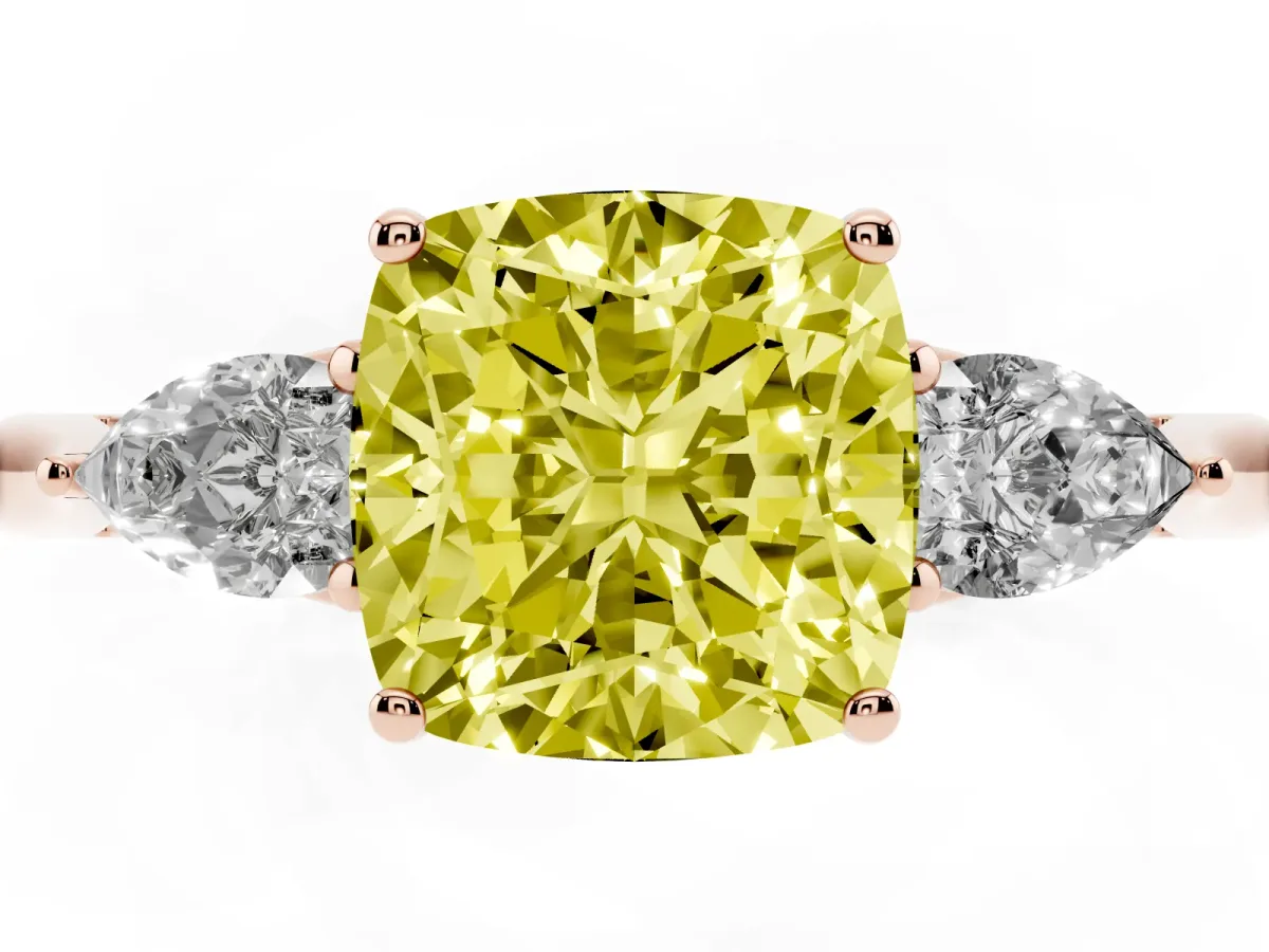 Fancy Yellow Three-Stone Cushion Cut Diamond Ring with Pear Side Stones in Four-Prong Setting Rose gold