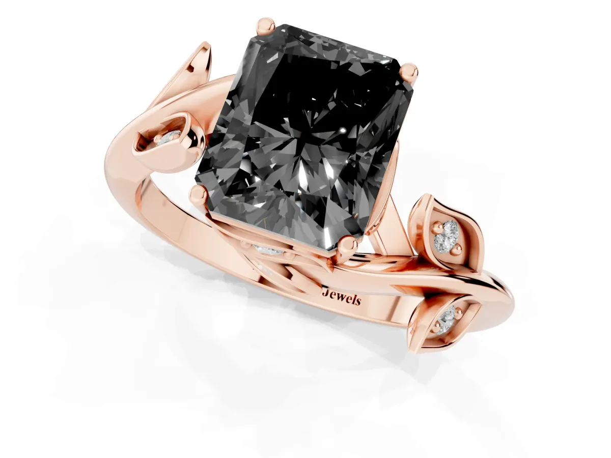 Fancy Black Radiant Cut Solitaire Twist Engagement Ring with Leaf Accents and Prong Setting Rose gold