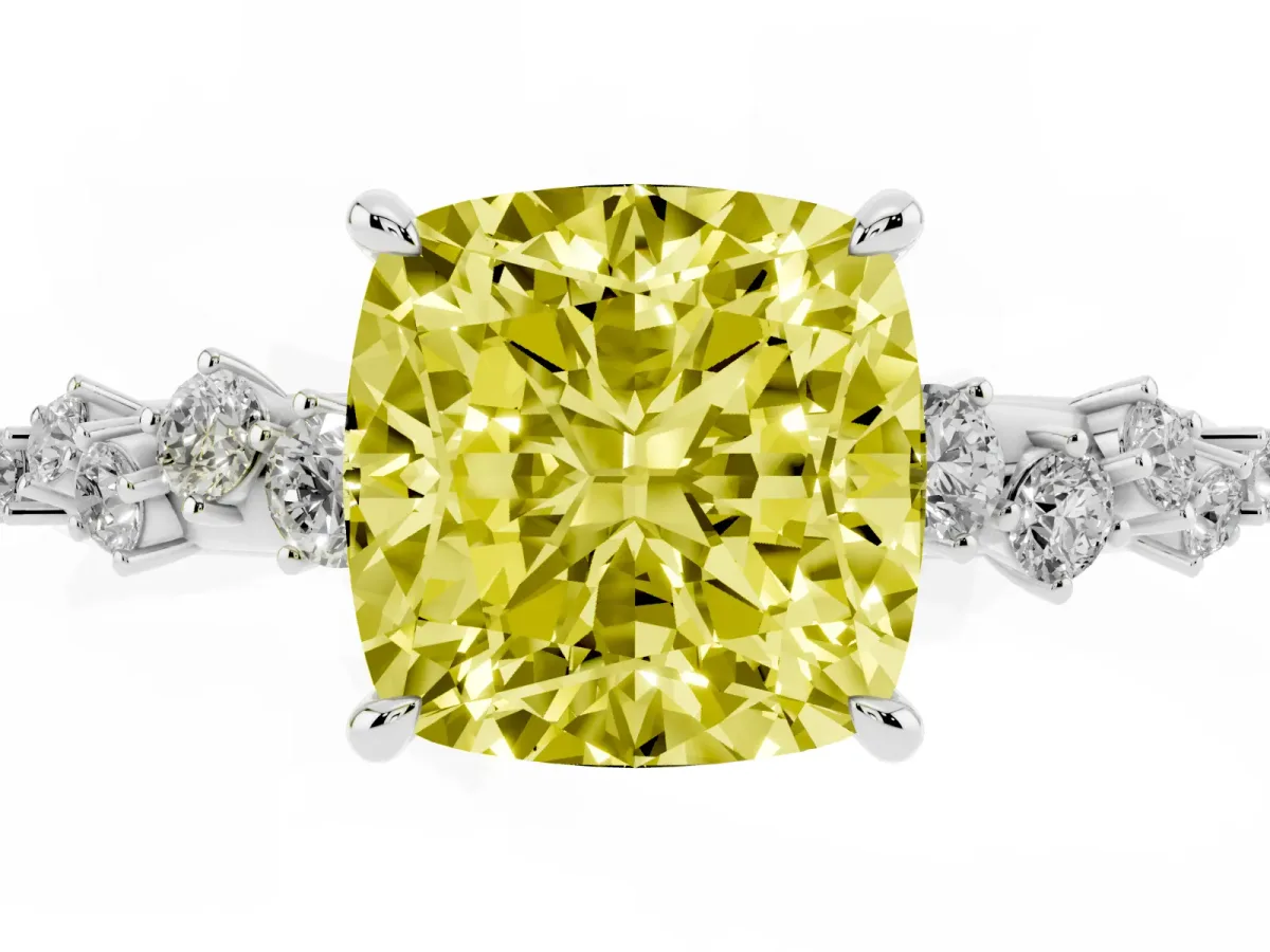 Fancy Yellow Cushion Cut Diamond Cluster Side Stone Solitaire Ring with Prong Setting White gold