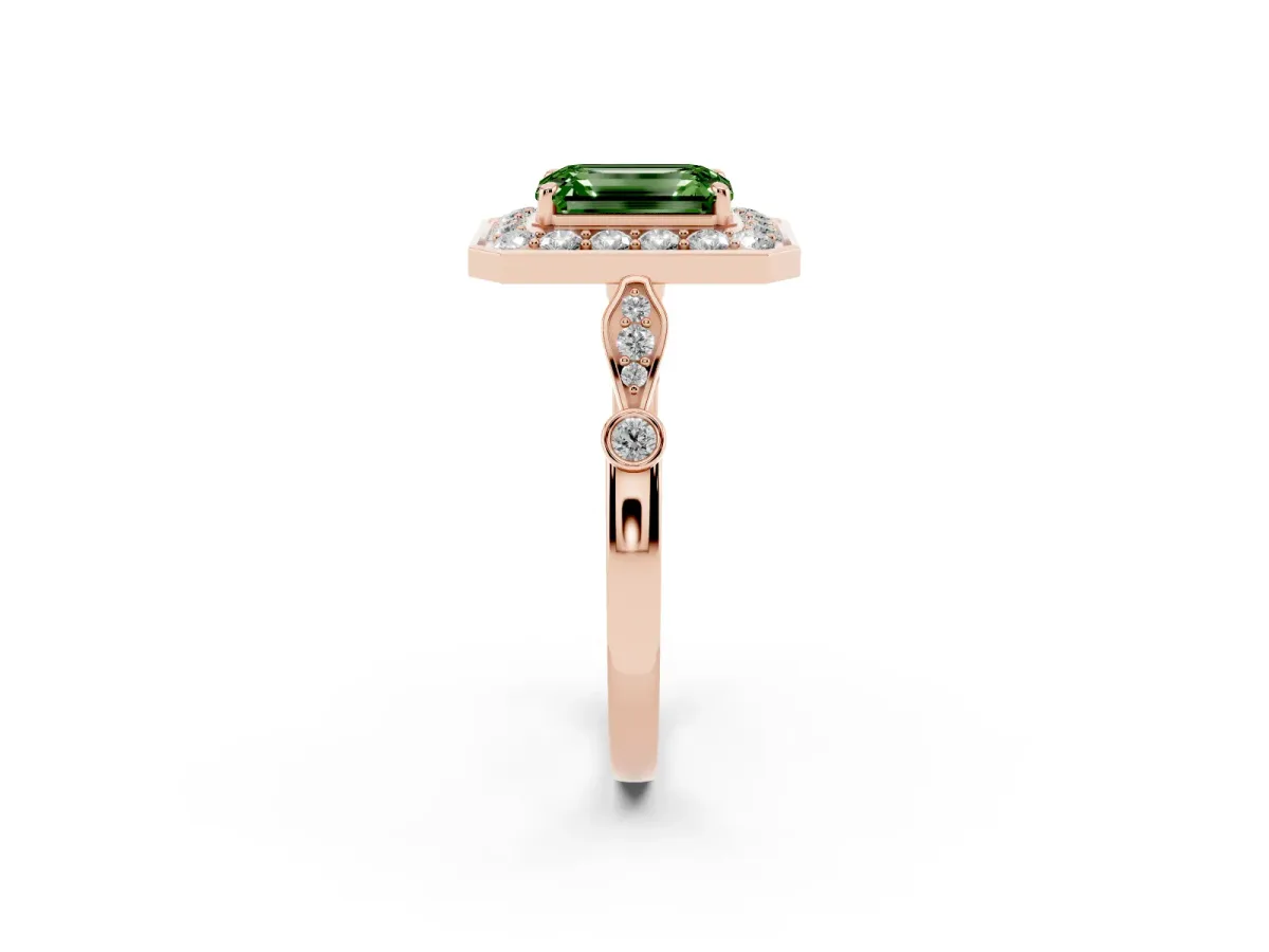 Fancy Green Emerald Cut Halo Diamond Engagement Ring with Twisted Band and Four-Prong Setting Rose gold