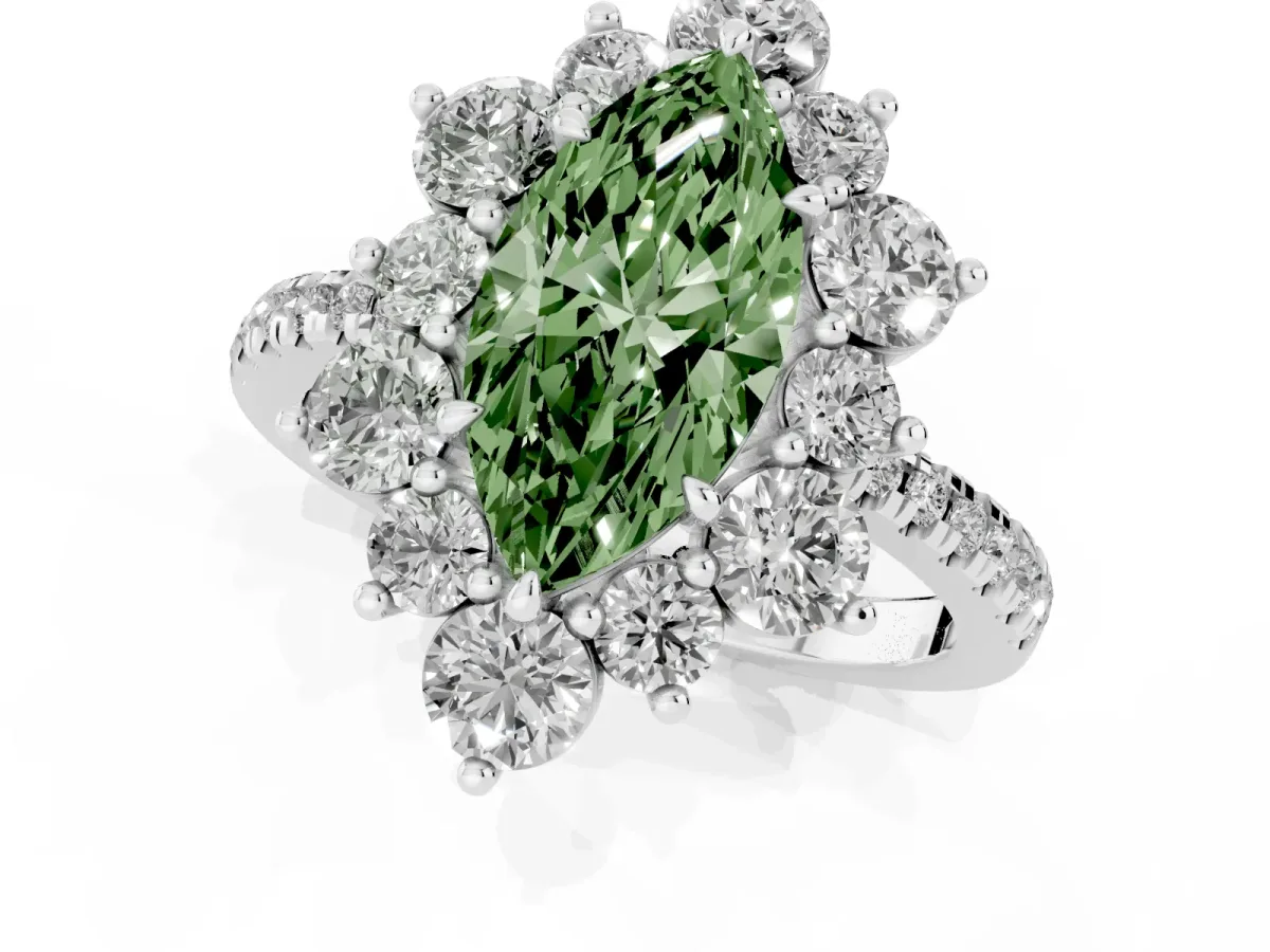 Fancy Green Marquise Cut Diamond Floral Halo Ring with Round Pavé Band and Prong Setting Silver
