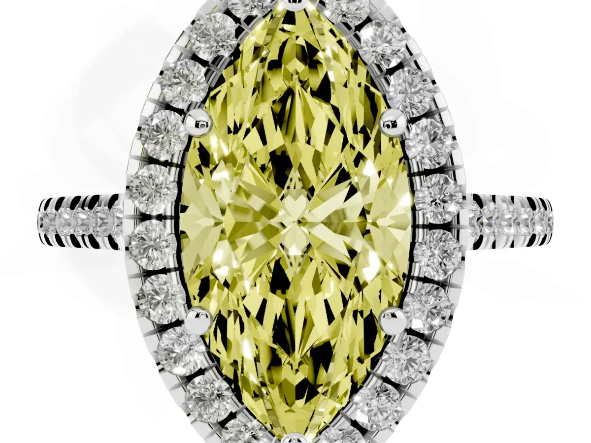 Fancy Yellow Marquise Cut Diamond Cushion Halo Ring with Pavé Band Platinum
