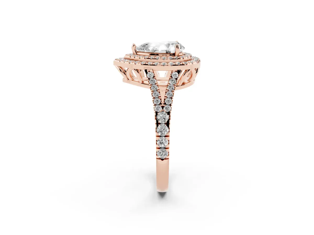Pear Cut Diamond Double Halo Ring with Pavé Band and Prong Setting Rose gold