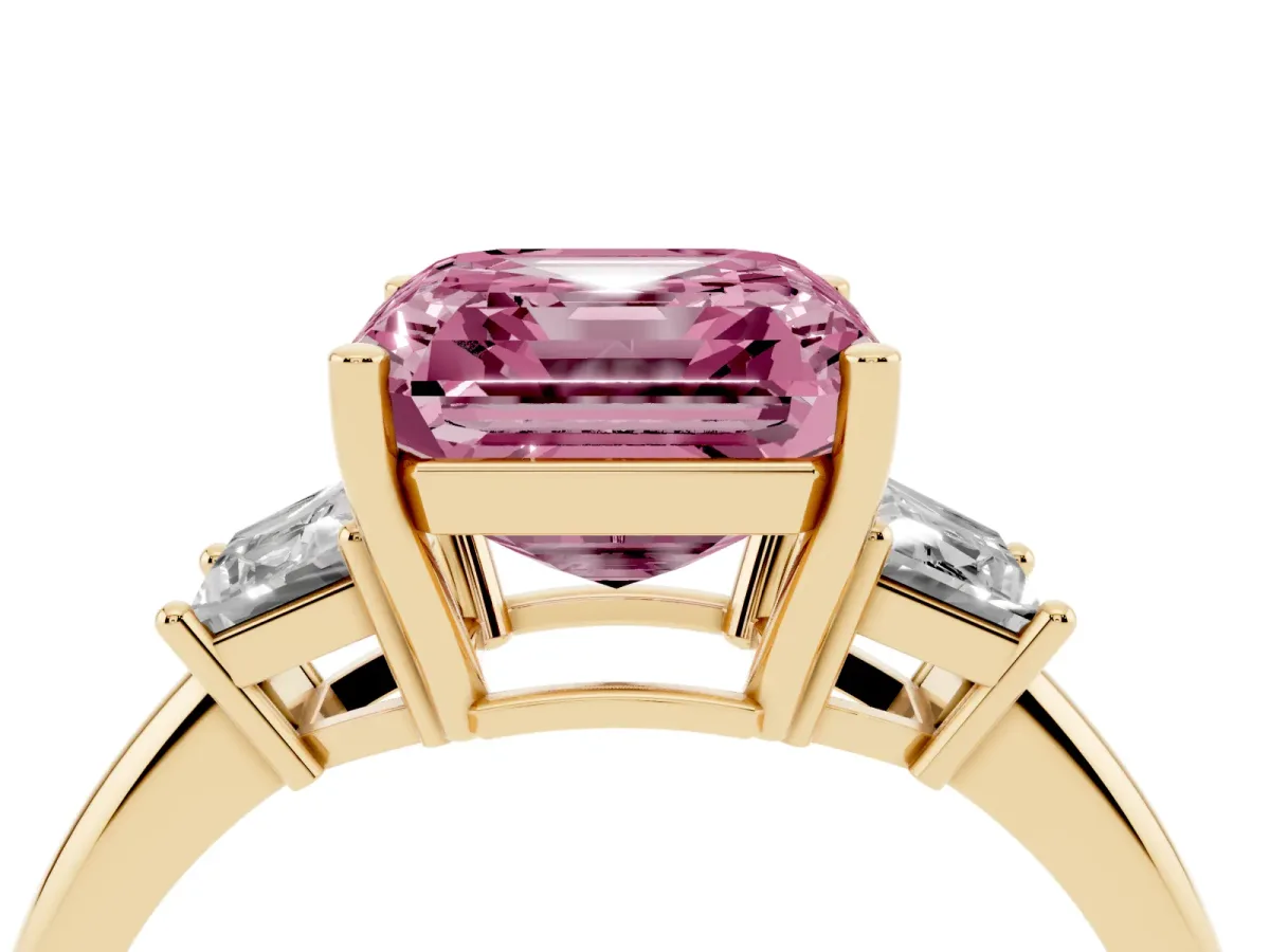 Fancy Pink Asscher Cut Diamond Three-Stone Ring with Trapezoid Side Stones and Prong Setting Yellow gold